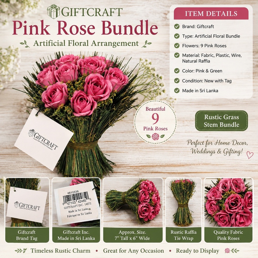 Giftcraft Pink Rose Bundle Artificial Floral Arrangement Rustic Grass 810336